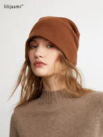 100% Cashmere Caps Simple Solid Hat Double Layers Soft Knit Hat Beanies Fall Winter Spring Warm Caps Skullies Women Bonnet Pure 1