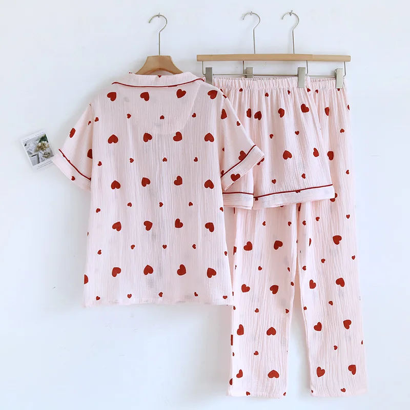 2024 New Spring/Summer Women's Pajamas Three Piece Set 100%Cotton Crepe Short Sleeves+Shorts+Pants Set Love Cute Large Home Fury