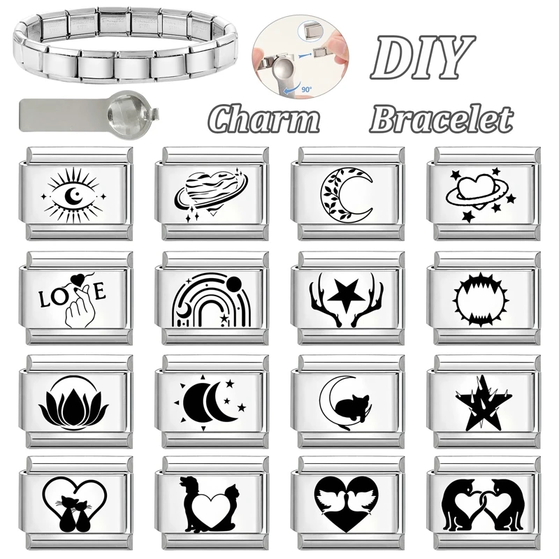 Y2K Creative Laser Engraving Charm Links Fit 9mm Stainless Steel Bracelet