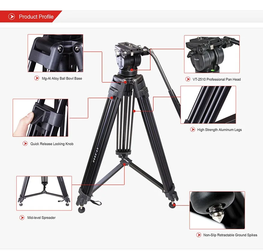 . VT2500 VT2500L 72 Inch Camera Tripod Professional Heavy Duty Aluminum Stand wi