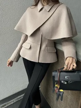 Stand-up collar wool double-sided nylon cape short coat, detachable cape + lapel three-dimensional cinched waist women's coat