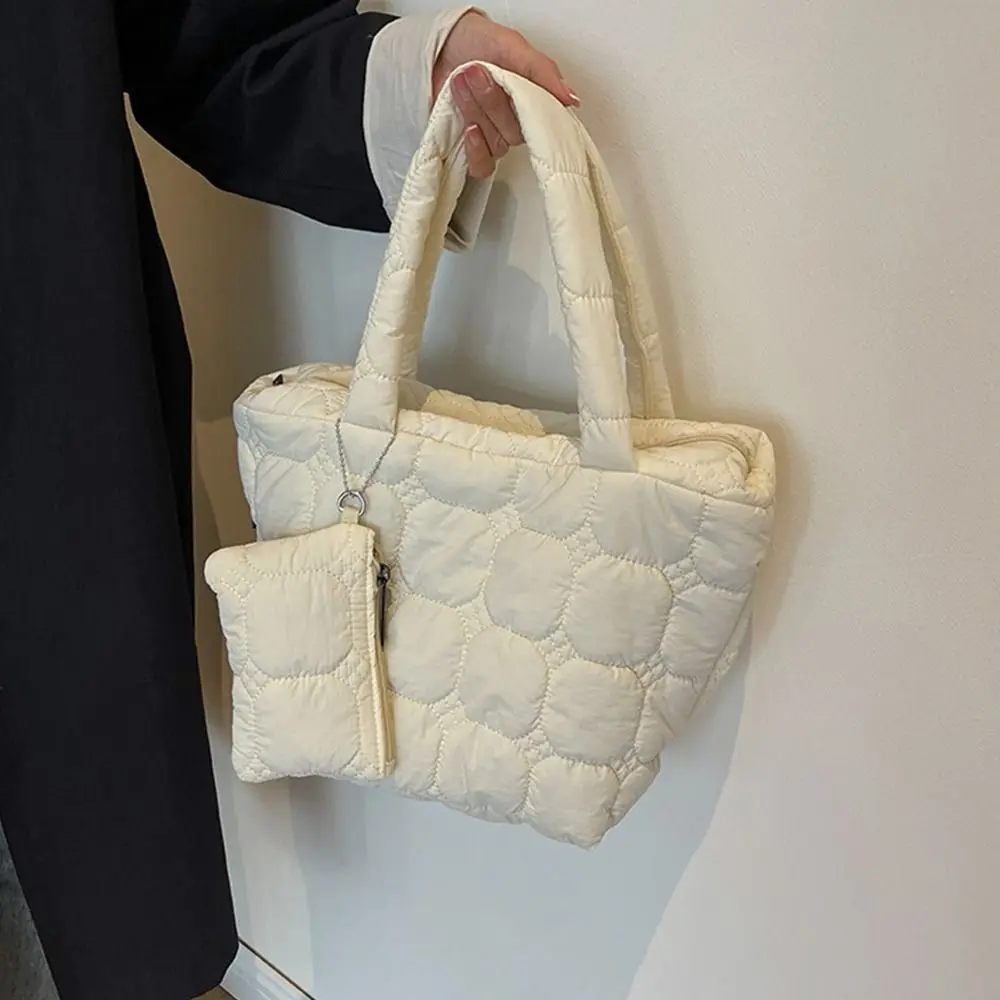 Large Capacity Space Cotton Underarm Bag Plaid Solid Color Handbag with Coin Purse Tote Bag Korean Style Shoulder Bag Girls