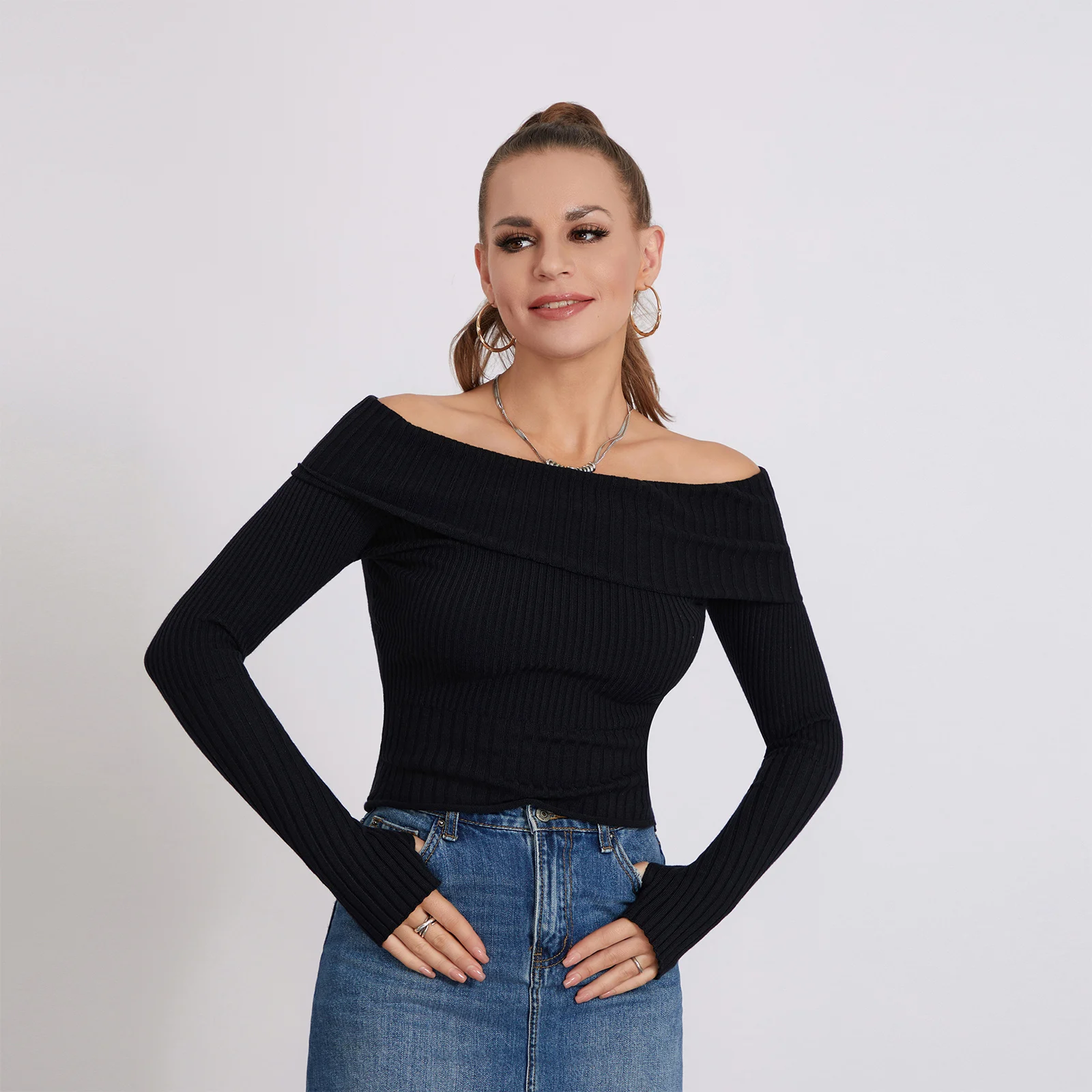 

Women Solid Color Ribbed Boat Neck Long Sleeve Show Navel Knitwear Slim Street Fall Sweater Off-Shoulder Ribbed Cropped Tops