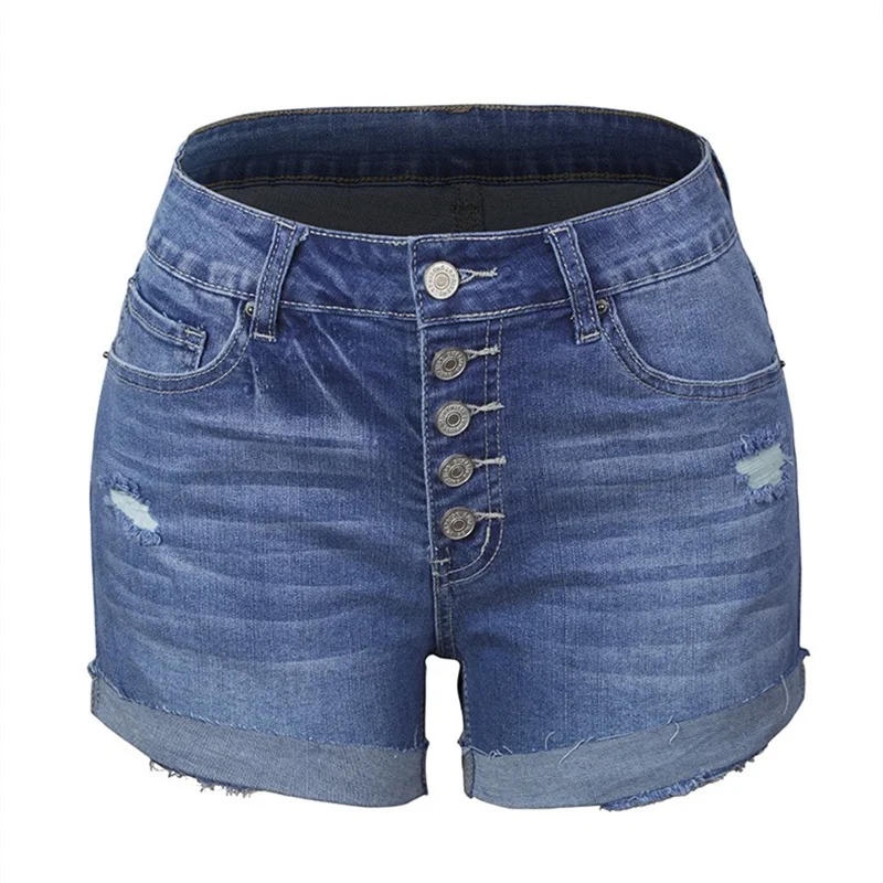 Women's Multi-button Single Row Spliced Denim Shorts Commuter Stretch Straight Three Quarter Pants Female Broken Holes Jeans New