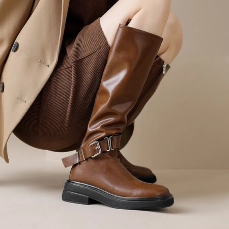 

Autumn and Winter New Cowhide Full Leather Thick Soled Waterproof Platform Side Zipper Buckle Long Boots High Knight Boots Women