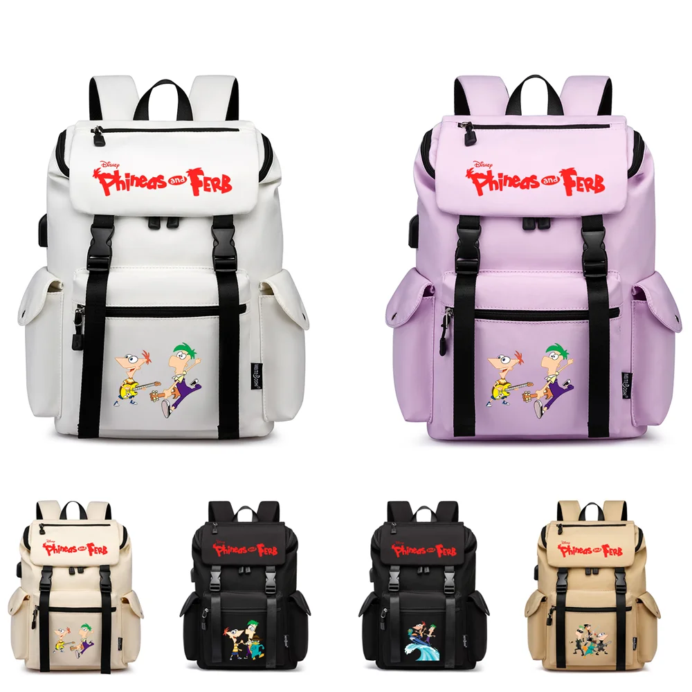 

Рюкзаки Phineas And Ferb для девочек и мальчиков, школьные ранцы, вместительные водонепроницаемые сумки для ноутбука с рисунком из мультфильма и USB-зарядкой