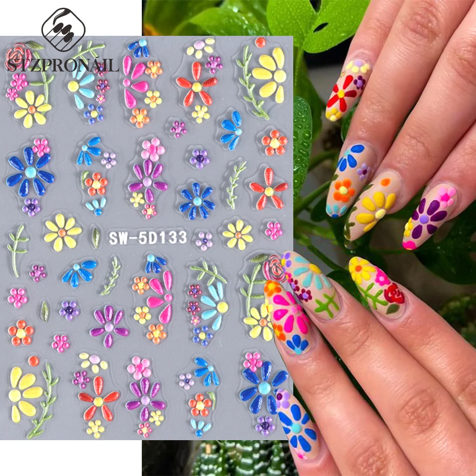 다채로운 데이지 플라워 네일 아트 스티커, 레이스 하트 용수철 할로우 꽃잎, 보호 스타일, 프랑스 각인 슬라이더, 매니큐어 장식, 5D 