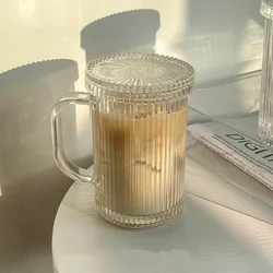 Elegant 375ml Japanese Style Stripe Glass Cup with Lid and Straw - Transparent (350ML Handle lid)