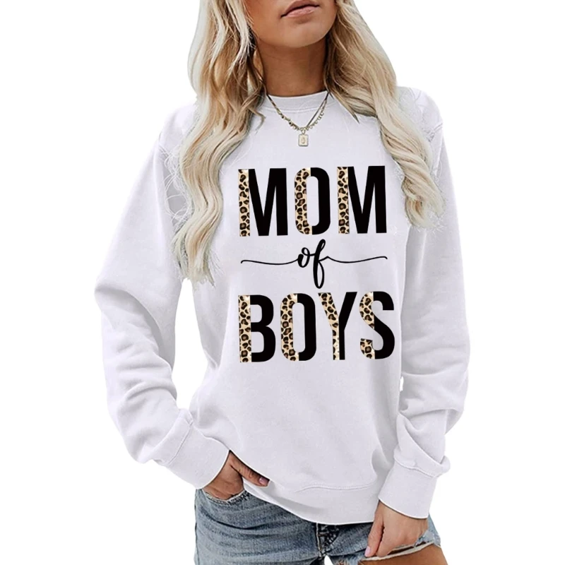 

Women Mom of Boys Leopard Letters Sweatshirt Graphic Crewneck Tunics Top