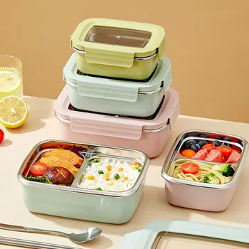WORTHBUY Picnic Portable Large Capacity Bento Lunch Box 1/2 Grids Leak-proof 304 Stainless Steel Food Container Microwave Safe