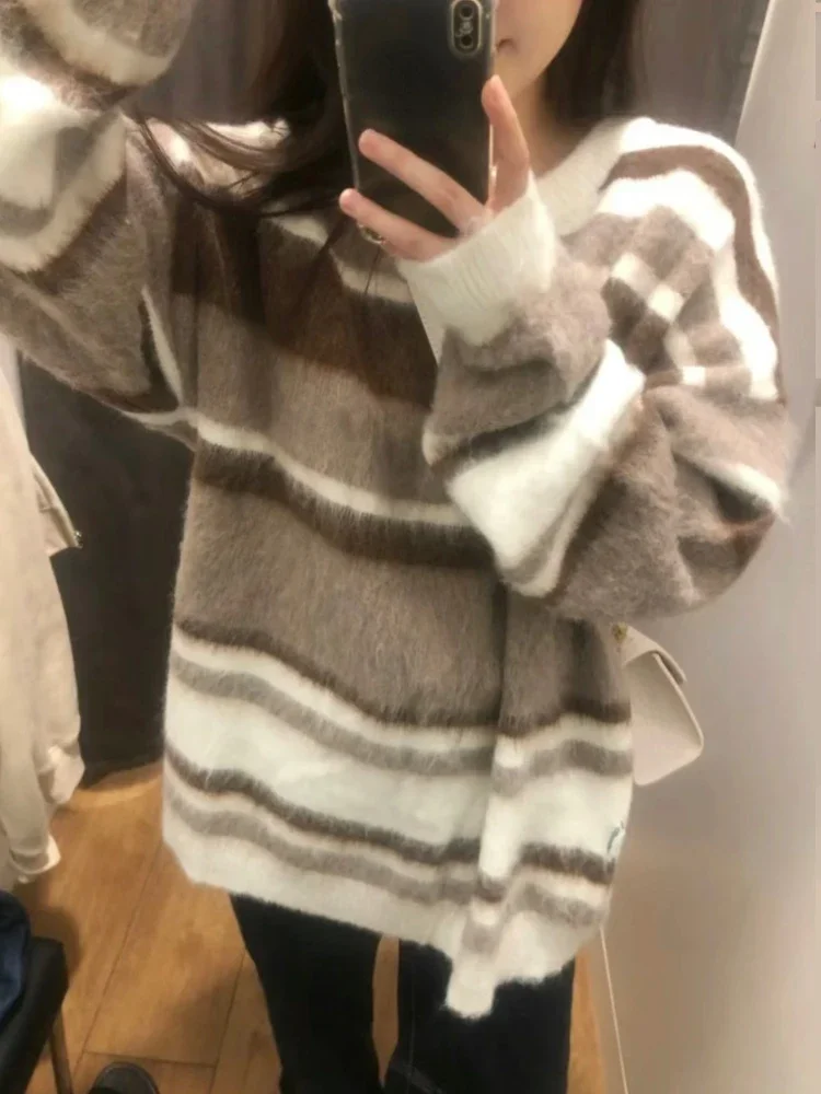 New Japanese Stripe Pullovers Autumn Vintage Grunge Oversized Jumpers Contrast Color Loose Casual Y2k Aesthetic Sweaters Women