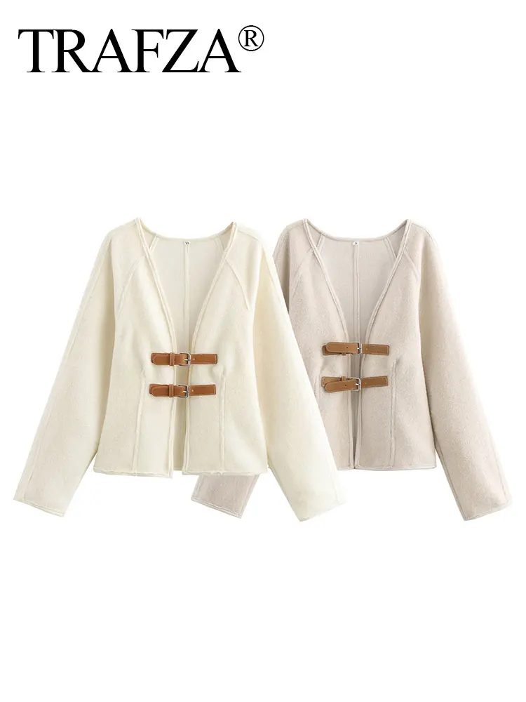 HH Women Double Leather Button Jacket Long Sleeve V-neck Slim Coat Top Fashion 2024 Woman Elegant Office Lady Outwear