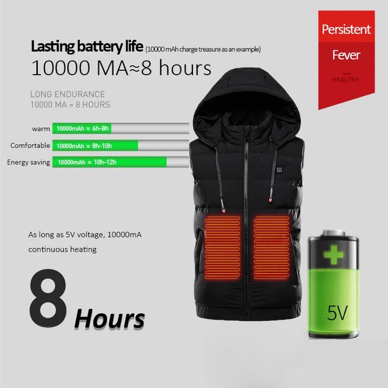 9 Areas Men's Heated Vest Hooded Jackets USB Super Warm Outdoor Hunting Sleeveless Jacket