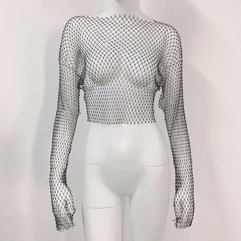 Crystal Diamond Fishnet T-Shirt Women Sexy See Through Y2K Long Sleeve Crop Top Club Festival Rave Party Streetwear Tops Blusas