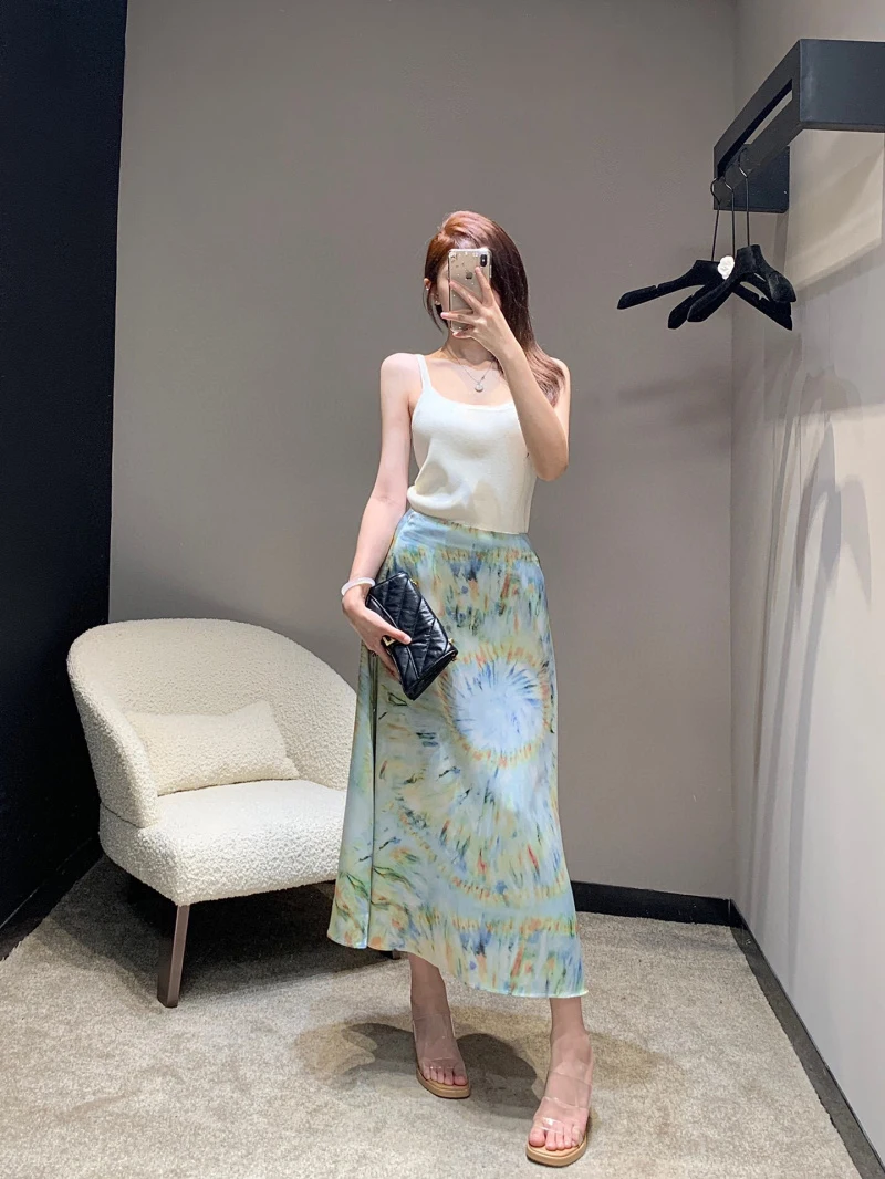 

Rural style women's skirt, fashionable, sweet, age reducing, high waisted, slimming, abstract printed long skirt