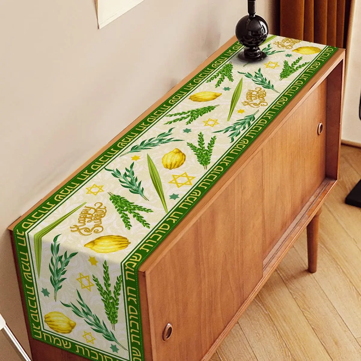 Happy Sukkot Linen Table Runner Jewish Festival Party Decor Sukkah Etrog Lulav Table Runners Holiday Kitchen Dining Table Decor