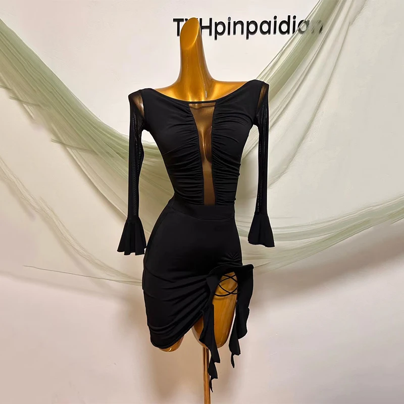 

Latin Dance Clothes Women Long Sleeves Practice Clothing Black Tops Irregular Skirt Rumba Salsa Dance Performance Wear DNV18779