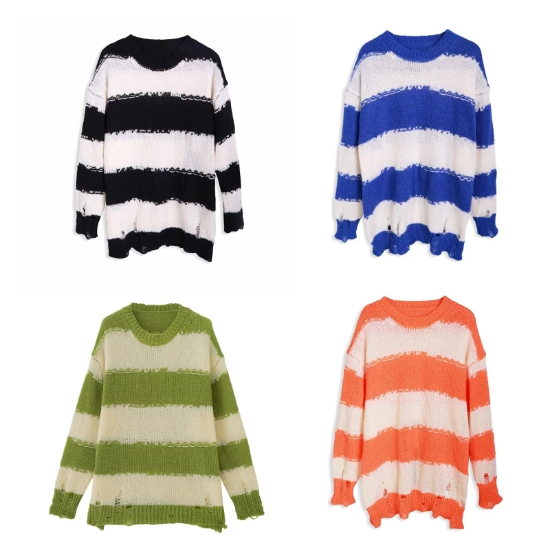 

Fashion Women Striped Knit Sweater Gothic Hole Broken Loose Pullover Tops Autumn Winter Casual Outerwear Jumper Ladies N7YF
