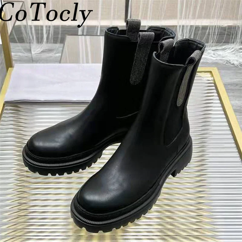 

New Motorcycle Boots Women Cow Suede Round Toe Short Boots Chain Decoration British Style Shoes Women Flat Chelsea Boots Woman