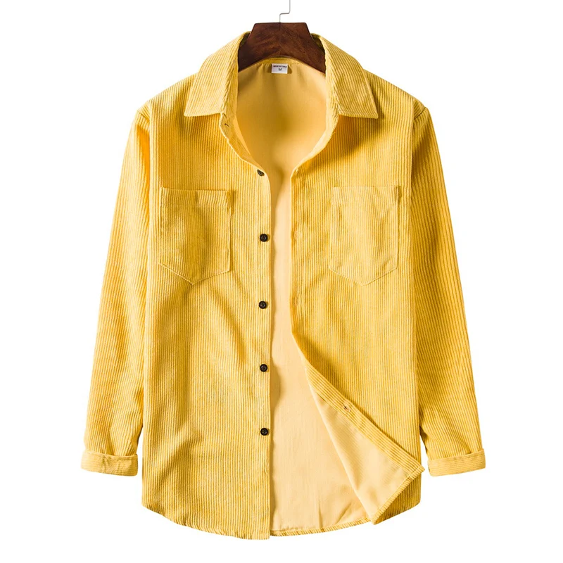 Spring Autumn Male Polo-neck Solid Color Corduroy Shirt Men Loose Casual Buttons Long Sleeve Top Homme Fashion All-match Blouse