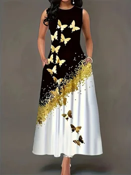 Summer butterfly print camisole dress with pocket round neck A-line long skirt for women 1