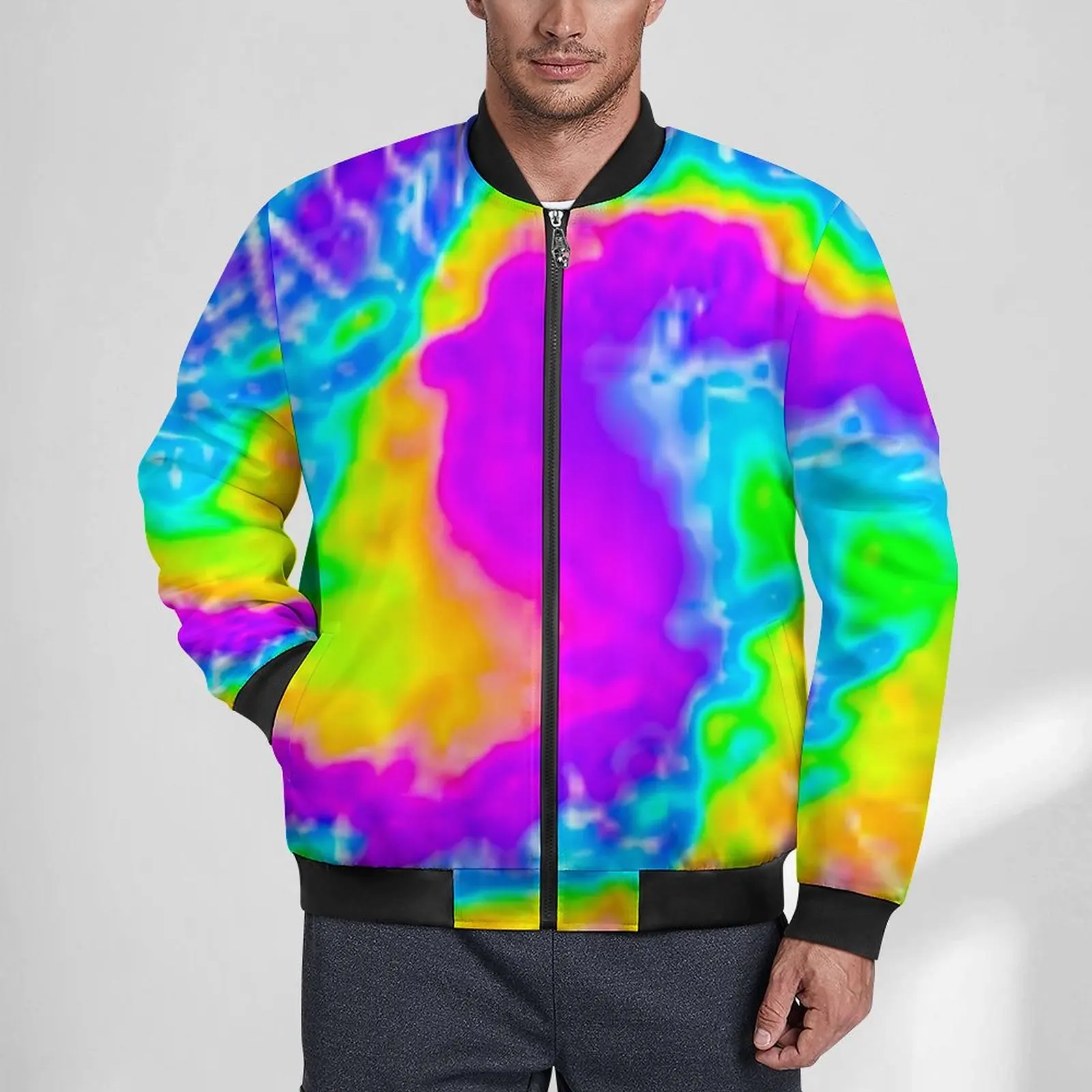 

Purple Tie Dye Jackets Winter Rainbow Print Cool Casual Coats Male With Pockets Outdoor Windbreak Design Oversize Jacket
