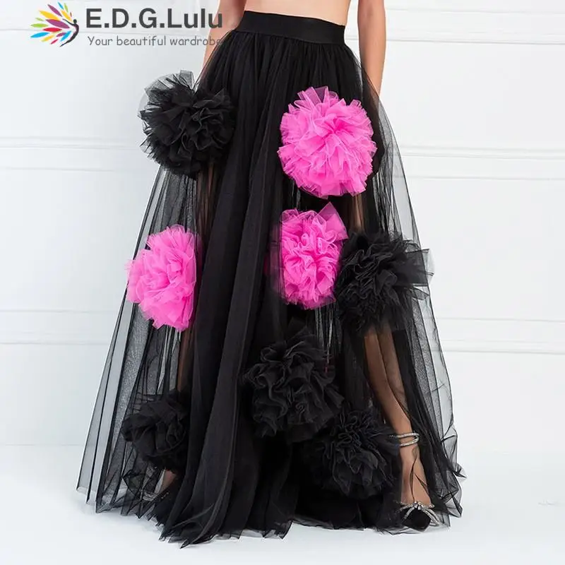 

EDGLuLu Design Mesh Three-Dimensional Flowers Long Skirt For Women Korean Fashion High Waist Black Long Skirts 2024 Summe 0515