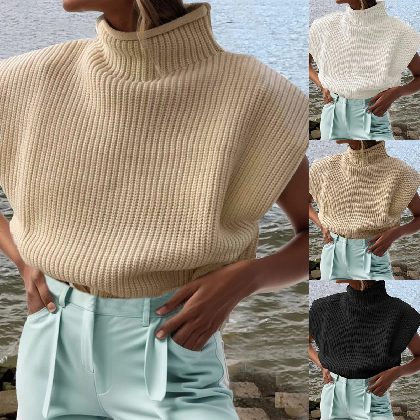 

Sleeveless Turtleneck Sweater Women 2023 New Fashion Autumn Winter High Collar Vest Sweater Chic Casual Solid Vintage Pullover
