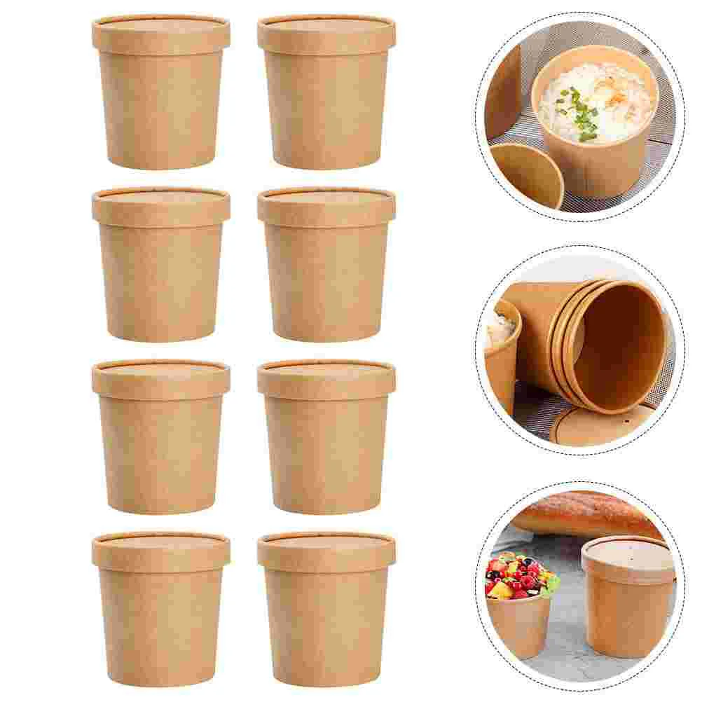 10Sets Disposable Kraft Soup Cups Pulp PECoated Mini Paper Meal Containers Lid PorridgeSoupIceCream LightweightPortableReusable