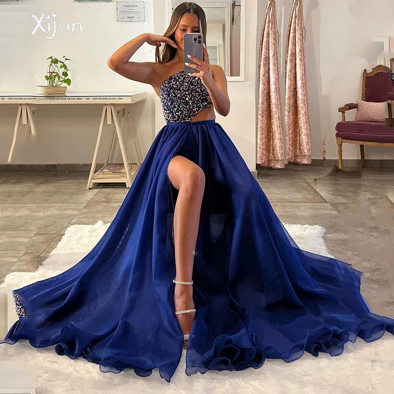 

Xijun Shiny Sequin A Line Evening Dress Crystal One Shoulder Prom Gowns Sleevless Sexy Side Split Formal Party Dress For Women