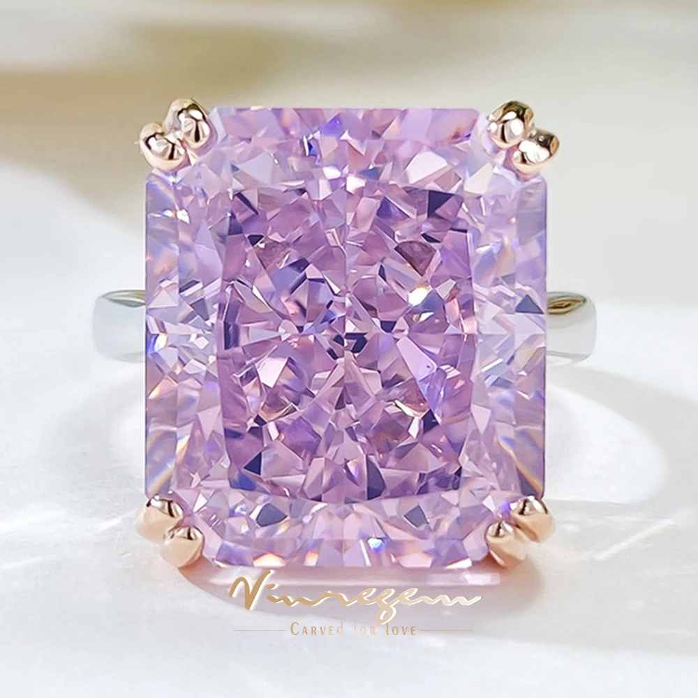 

Vinregem 14*16 MM Crushed Ice Cut Lab Created Pink Sapphire Gemstone 925 Sterling Silver Fine Women Ring Engagement Jewelry Gift