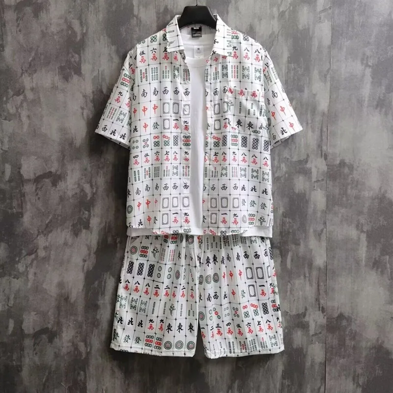 2024 New Hawaii Short Sleeved Shirt And Shorts Two Piece Set Fashion Men And Women's Chinese Mahjong Printed Beach Casual Shirt