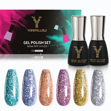 

YOKEFELLOW 6 Pcs Gel Nail Polish Kit , Glittering Collection Popular Nail Art Design Soak Off LED Color Glitter Nail Polish Gel