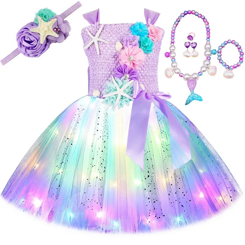 thumbnail image 1 of Vestido de princesa sirena para niñas, vestido de tutú con luz LED y temática del océano para fiesta de cumpleaños, disfraz de Halloween para niños, 1 of 5