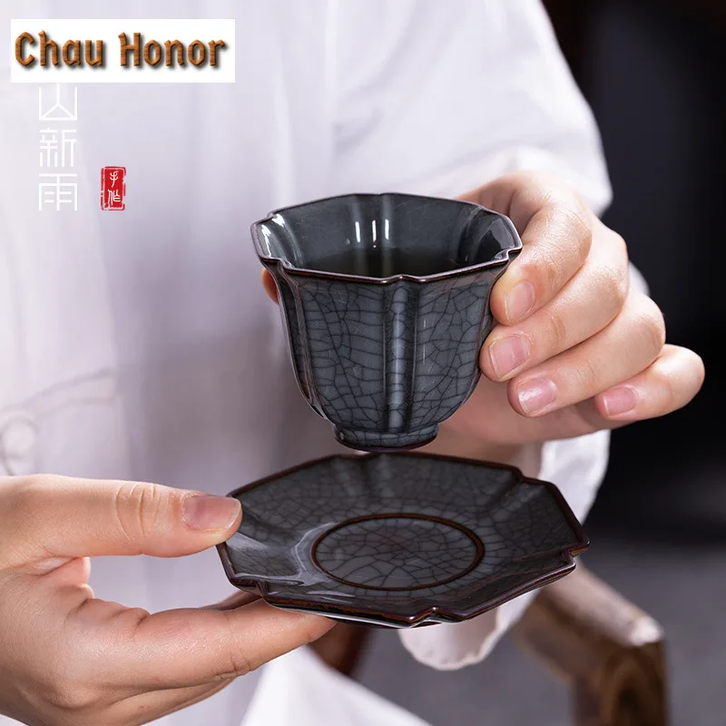 85ml Handmade Longquan Celadon Iron Tire Teacup Tea Bowl Beautiful Cup Saucer Kit Tea-tasting Mug Chazhan Master Cups Drinkware