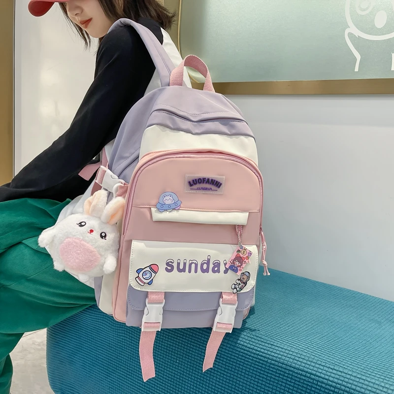 Fashion Cute Girl Travel Backpack Trendy Female Badge Pin Laptop Student Bags Lady Kawaii College Backpack Book Women School Bag