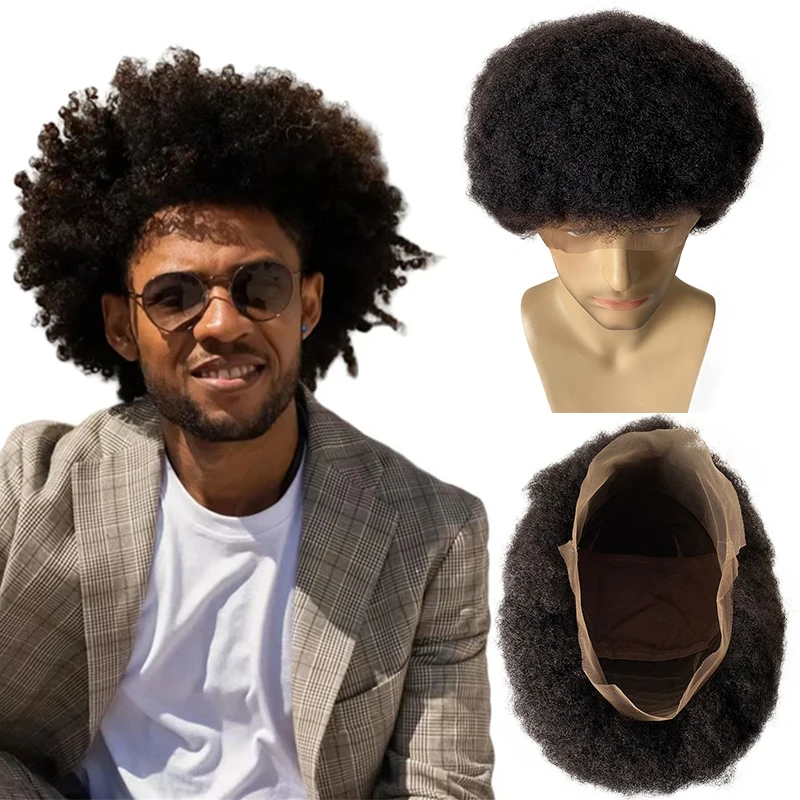 

Indian Virgin Human Hair Systems 4mm Afro Kinky Curl Natural Color Full Lace Male Wig for Black Men