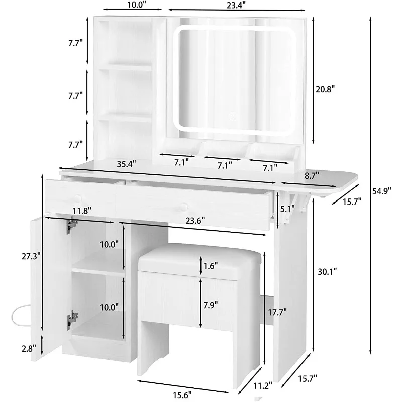 IRONCK Vanity Desk with LED Lighted Mirror & Power Outlet, Makeup Table with Drawers & Cabinet,Storage Stool,for Bedroom, White 2 IRONCK Vanity Desk with LED Lighted Mirror & Power Outlet, Makeup Table with Drawers & Cabinet,Storage Stool,for Bedroom, White 2