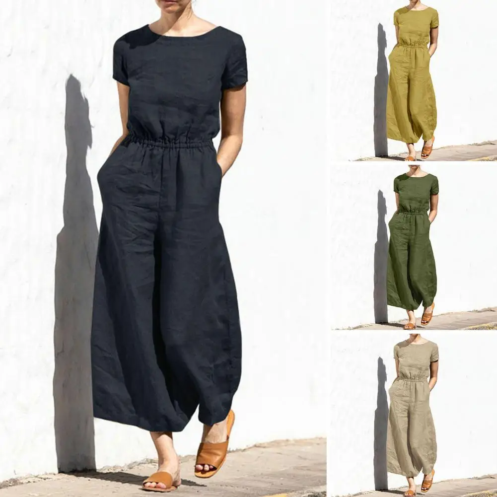 

Summer Loose Solid Women Jumpsuits 2022 Summer Sleeveless O Neck Cotton Linen Romper Fashion Lady Elastic Waist Office Overall