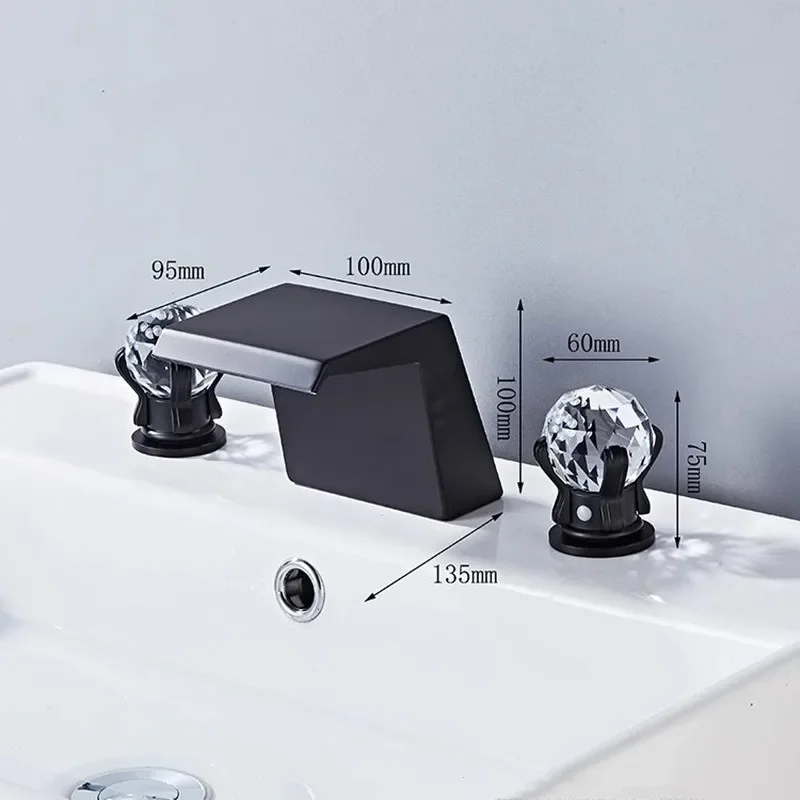 Description Picture 2 of itemTuqiu Luxury Brushed Gold Bathroom Faucet Brass Widespread Basin Sink 3 Hole Hot Cold Black  Water Tap