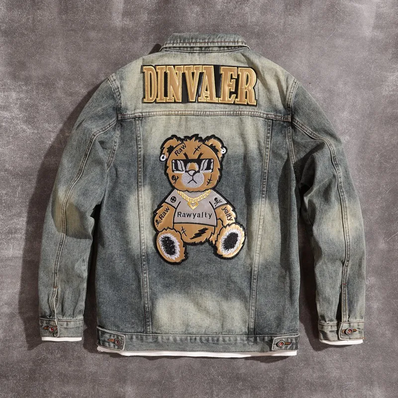 Bear Embroidery Machine Car Style Fashion Korean Style Men's Denim Jacket Retro Street Washed Do the Old Cowboy Coat Men's Top