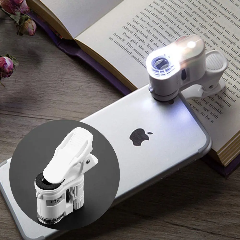 Magnifying Glass with Light 60x Zoom Microscope LED UV Light Clip-on For Universal Mobile Phones