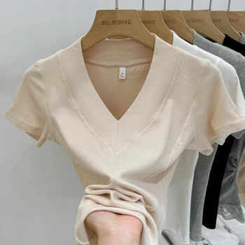 2025 الخامس الرقبة مضلع محبوك سليم المرأة تي شيرت الصيف جديد الكورية نمط رداء علوي غير رسمي الأساسية مرونة الأبيض قصيرة الأكمام تي شيرت