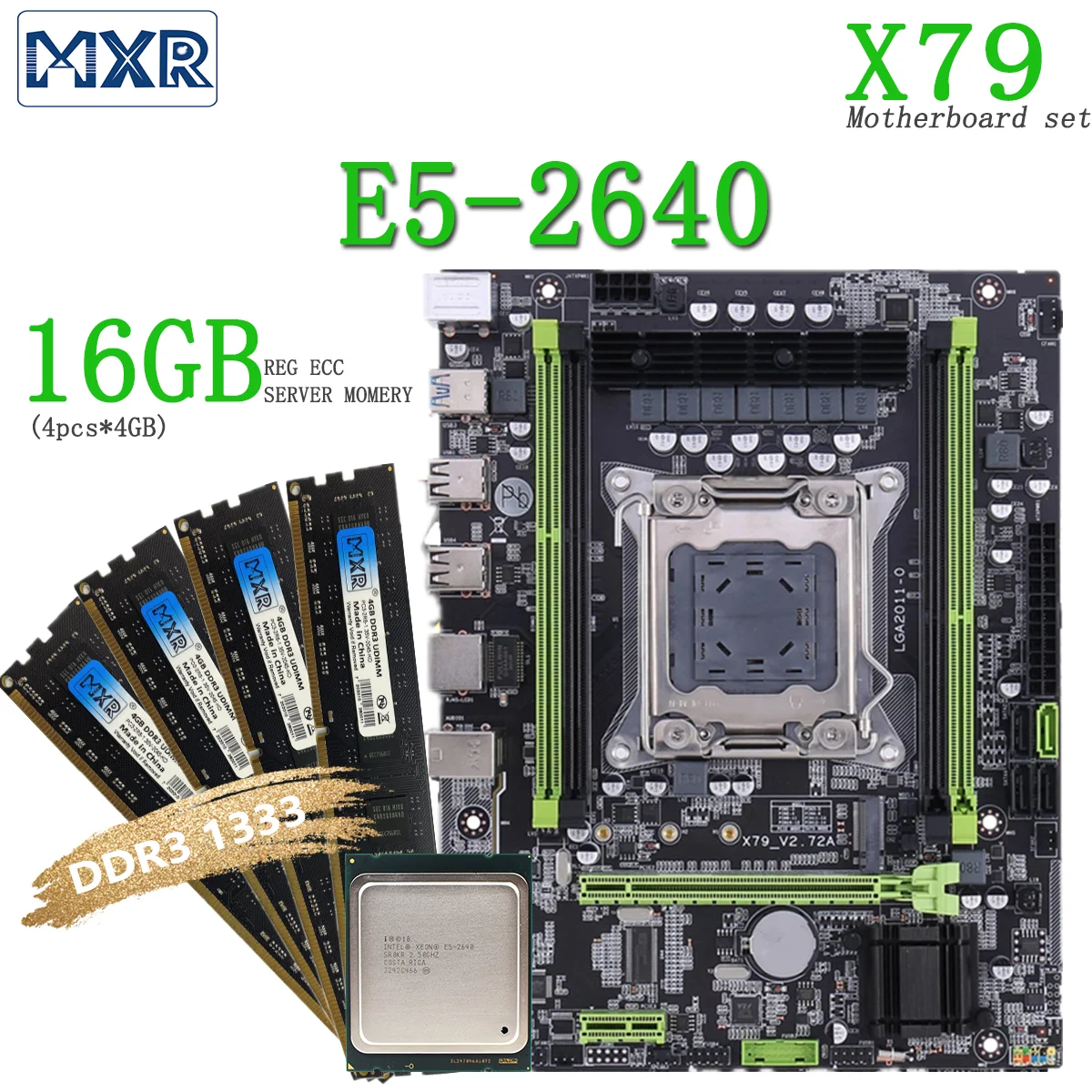 X79 Motherboard Set Kit Combo LGA2011 Xeon E5 2640 16GB (4pcs*4gb) DDR3 Memory RAM PC3 1333Mhz USB3.0 SATA3 Four-channel pc motherboard cheap