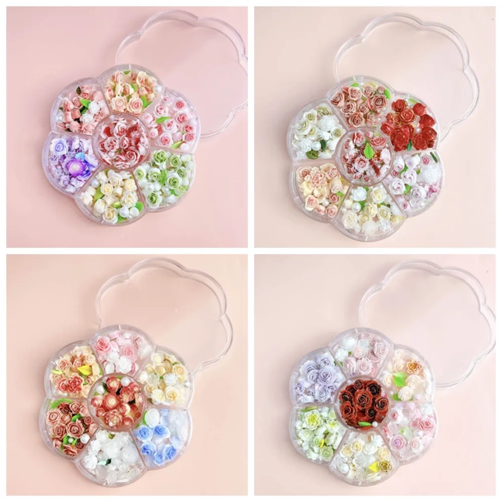 

7Grids Pink Rose Flower 3D Nail Charms Mixed Pearl Beads Rhinestone Resin Decorations Nail Accessories Supplies Luxury Parts