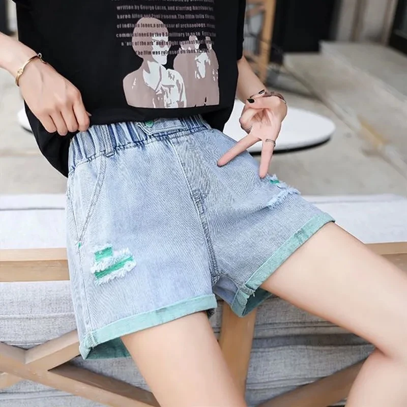 Elastic High Waist Ripped Denim Shorts Women 2024 Summer Korean Preppy Style Hole Loose Wide Leg Pants Casual Cuffs Jean Shorts