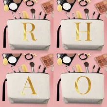 

2022 Makeup Organizer Bag Tote Bag Woman Change Canvas Gold Initial Name Pattern Print Fashion Carrying String Beige Pencil Case