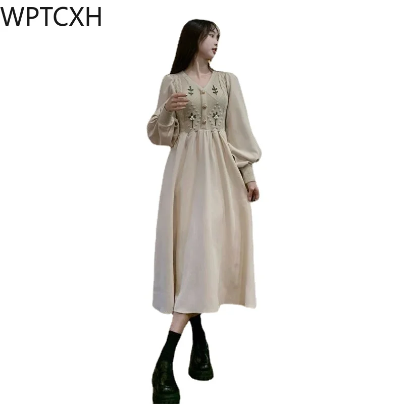 

Plus-size French Style Knitted Splicing V-neck Lantern Sleeve 2024 Female Spring and Autumn Gentle Style Literary Vintage Skirt