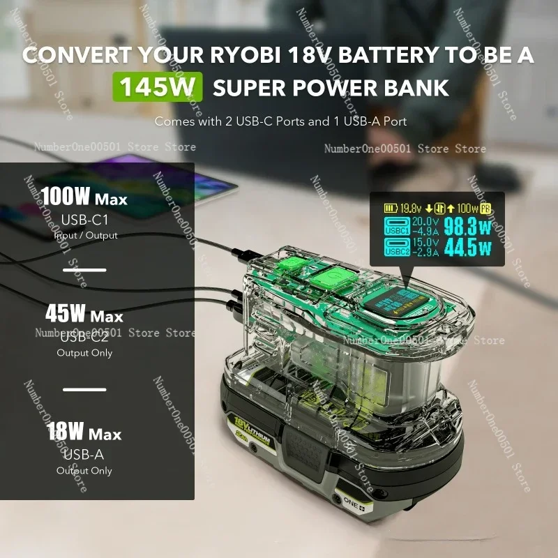 RYOBI 18V 리튬 배터리 100W 고속 충전 충전기 145W 방전 USB 충전..