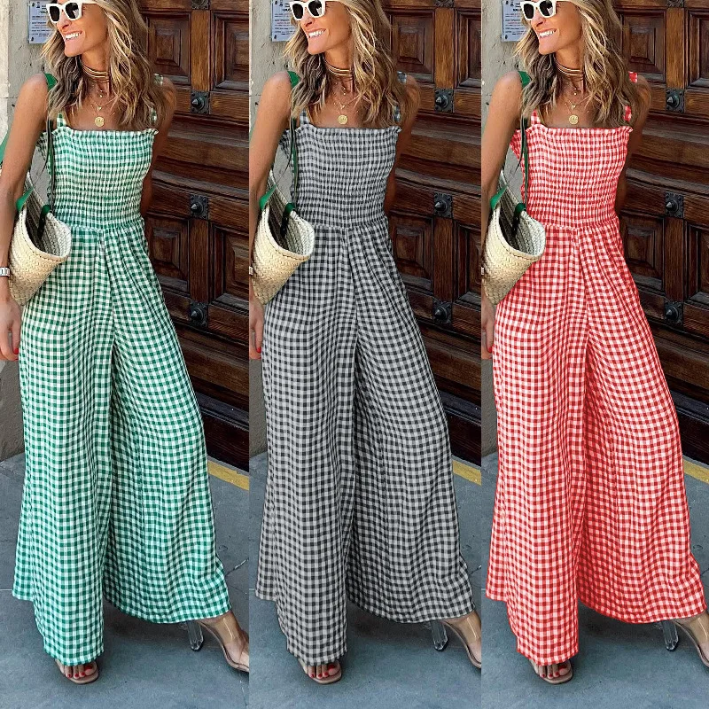 

Summer Women's Jumpsuit Fashion Design Long Pants Plaid One-piece Trousers Sling Dress Casual Pants Party Travel Elegant Skirt